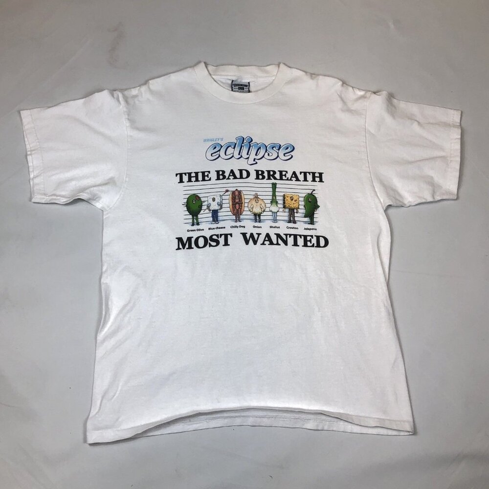 Vintage Wrigleys Eclipse Polar Ice Gum Bad Breath Most Wanted T-Shirt Large USA